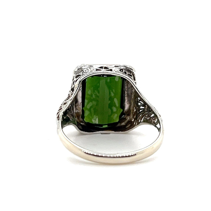 Estate 10K White Gold Emerald-Cut Green Tourmaline Art Deco Filigree Ring
