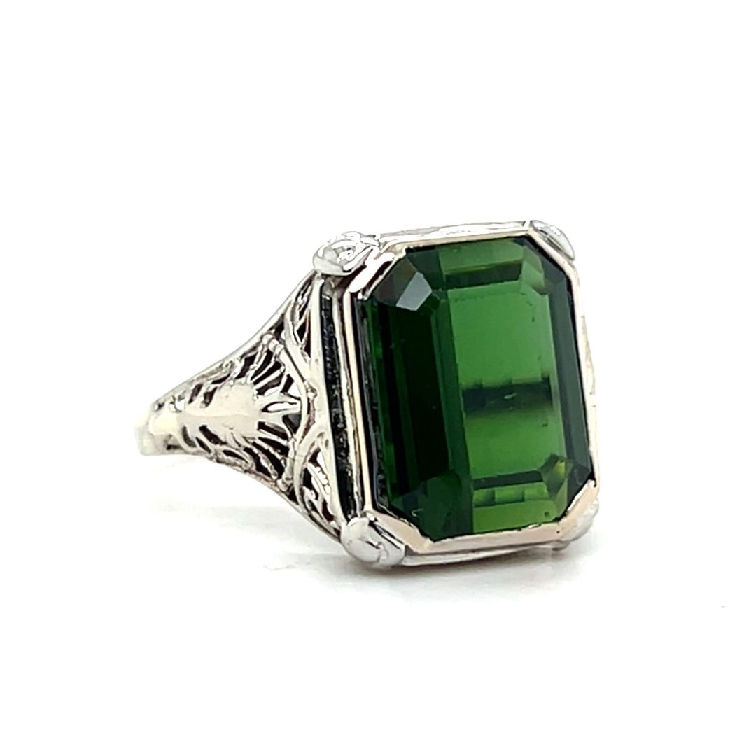 Estate 10K White Gold Emerald-Cut Green Tourmaline Art Deco Filigree Ring