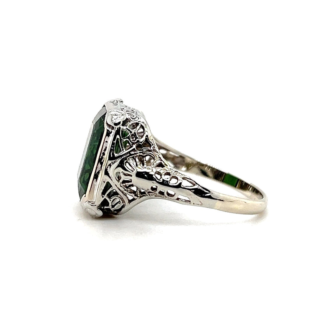 Estate 10K White Gold Emerald-Cut Green Tourmaline Art Deco Filigree Ring