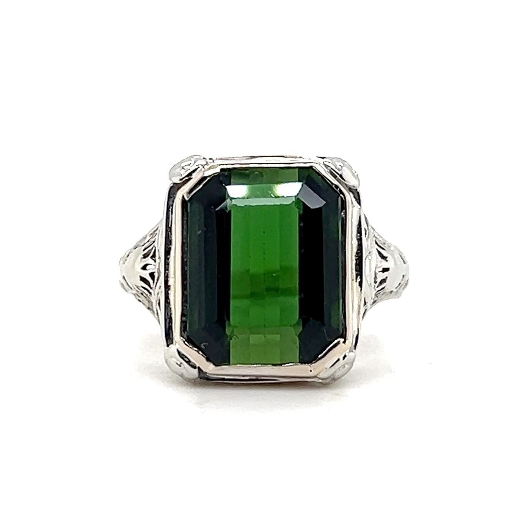 Estate 10K White Gold Emerald-Cut Green Tourmaline Art Deco Filigree Ring