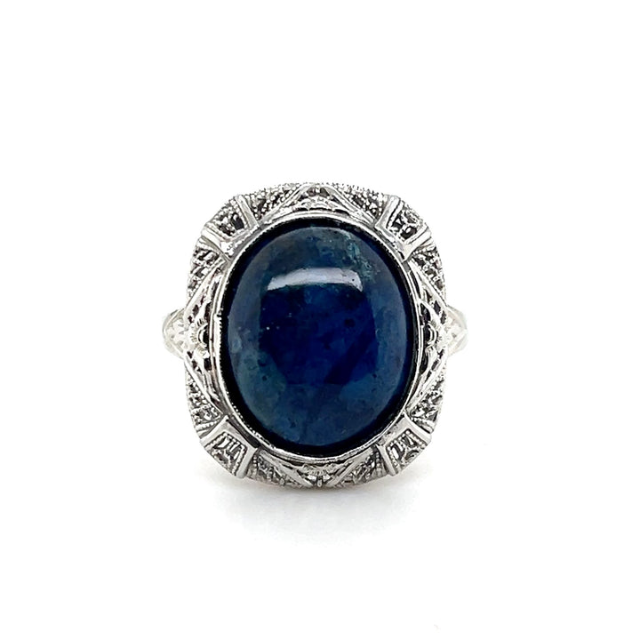 Estate 14K White Gold Oval Sodalite Art Deco Statement Ring