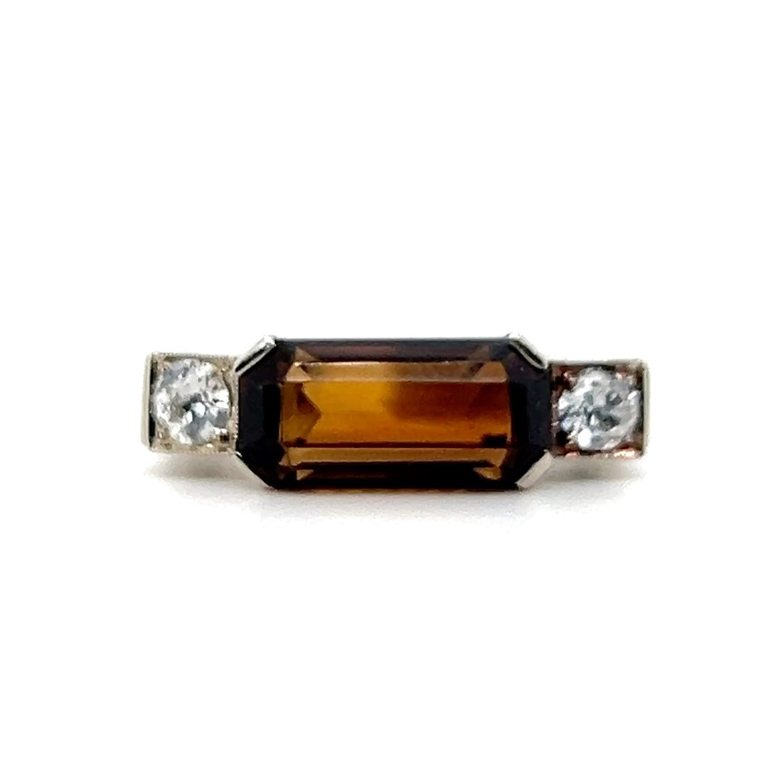Estate 14K White Gold Smoky Quartz and Diamond Art Deco Statement Ring