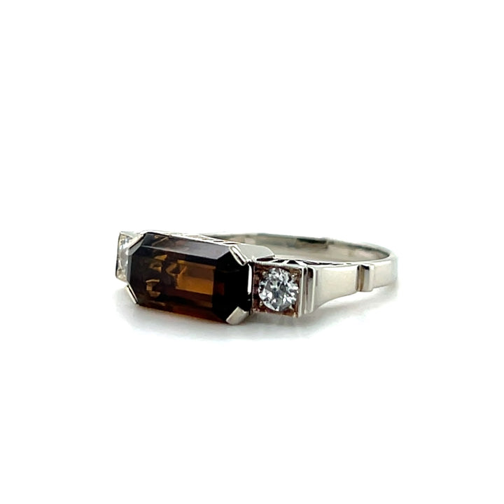 Estate 14K White Gold Smoky Quartz and Diamond Art Deco Statement Ring