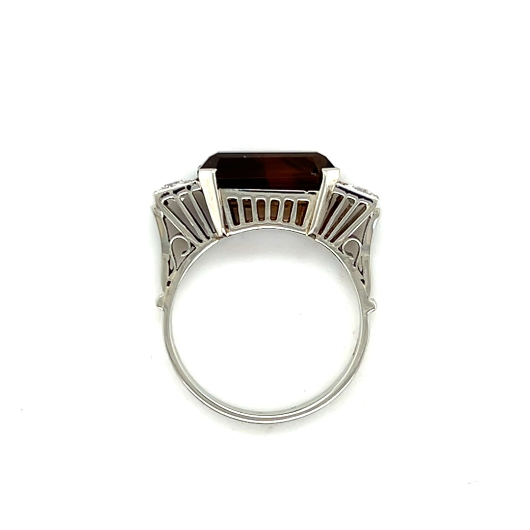 Estate 14K White Gold Smoky Quartz and Diamond Art Deco Statement Ring