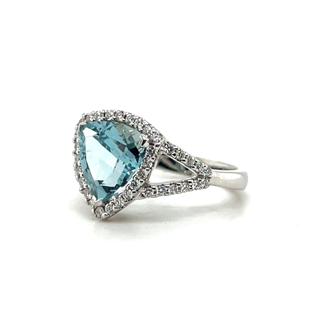 Estate 18K White Gold Trillion Aquamarine and Diamond Halo Cocktail Ring