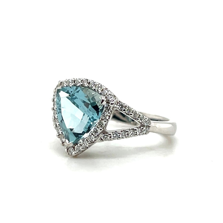 Estate 18K White Gold Trillion Aquamarine and Diamond Halo Cocktail Ring