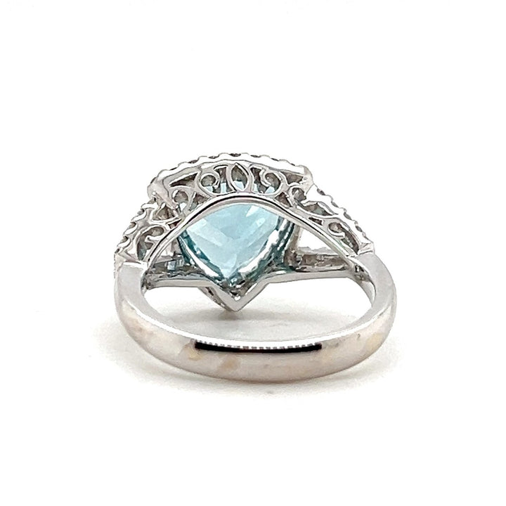 Estate 18K White Gold Trillion Aquamarine and Diamond Halo Cocktail Ring