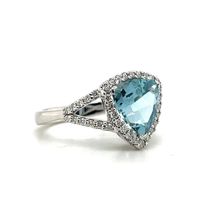 Estate 18K White Gold Trillion Aquamarine and Diamond Halo Cocktail Ring