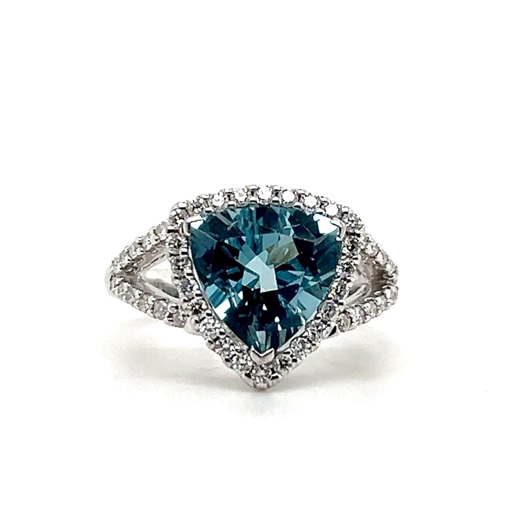 Estate 18K White Gold Trillion Aquamarine and Diamond Halo Cocktail Ring