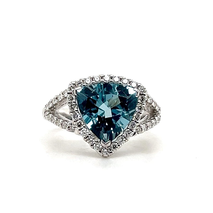 Estate 18K White Gold Trillion Aquamarine and Diamond Halo Cocktail Ring