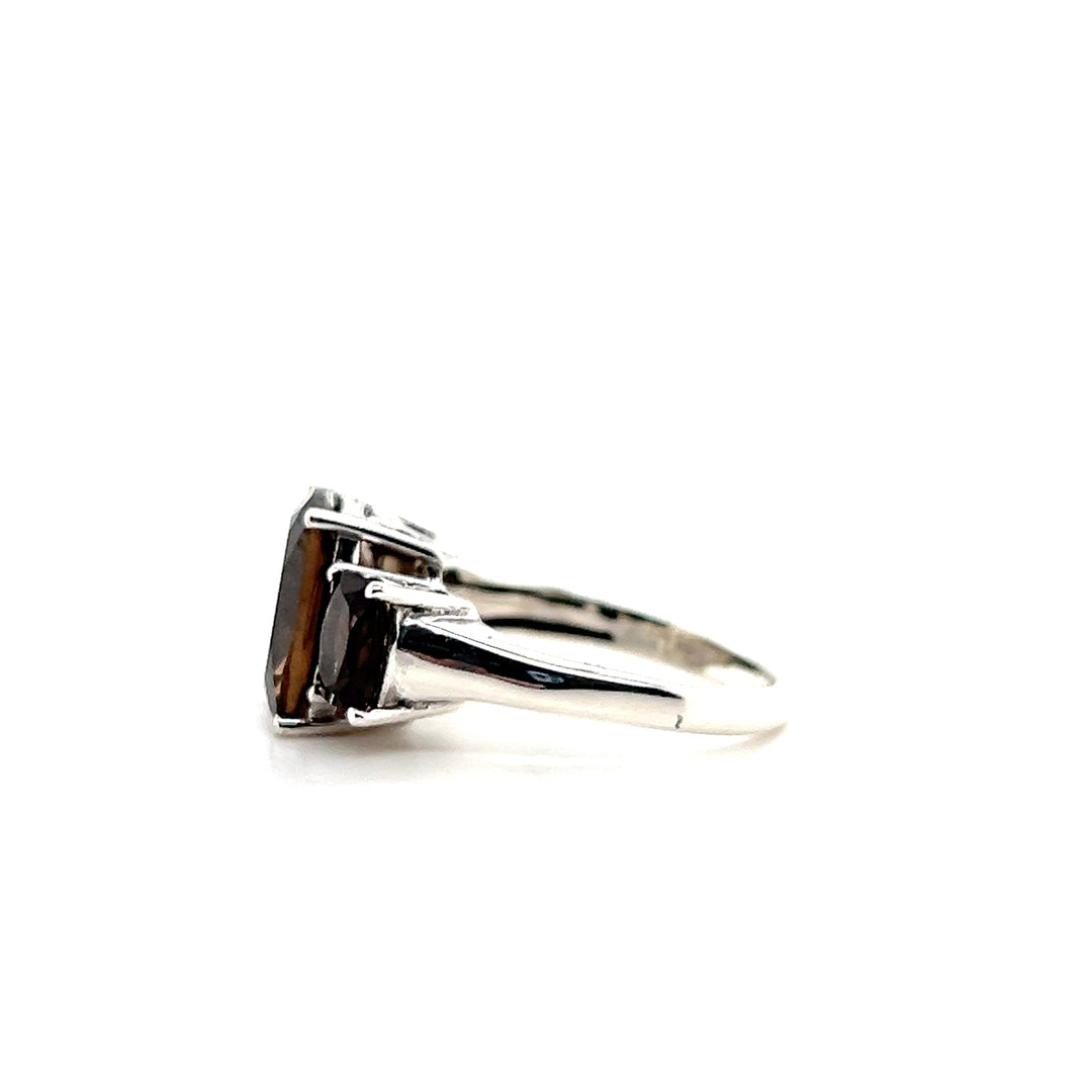 Estate Sterling Silver Three Stone Smoky Quartz Ring, Contemporary