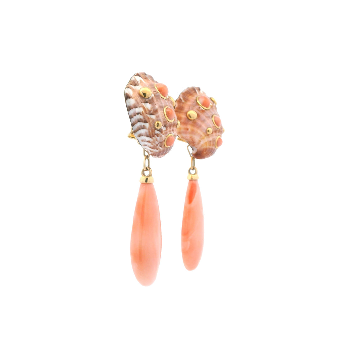 Estate 18K Yellow Gold Natural Seashell & Coral Clip-On Drop Earrings