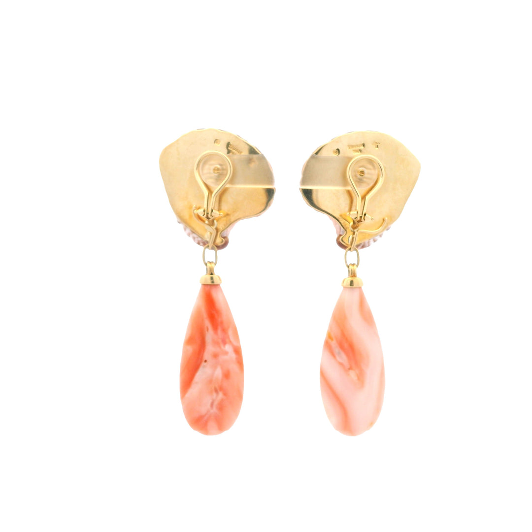 Estate 18K Yellow Gold Natural Seashell & Coral Clip-On Drop Earrings