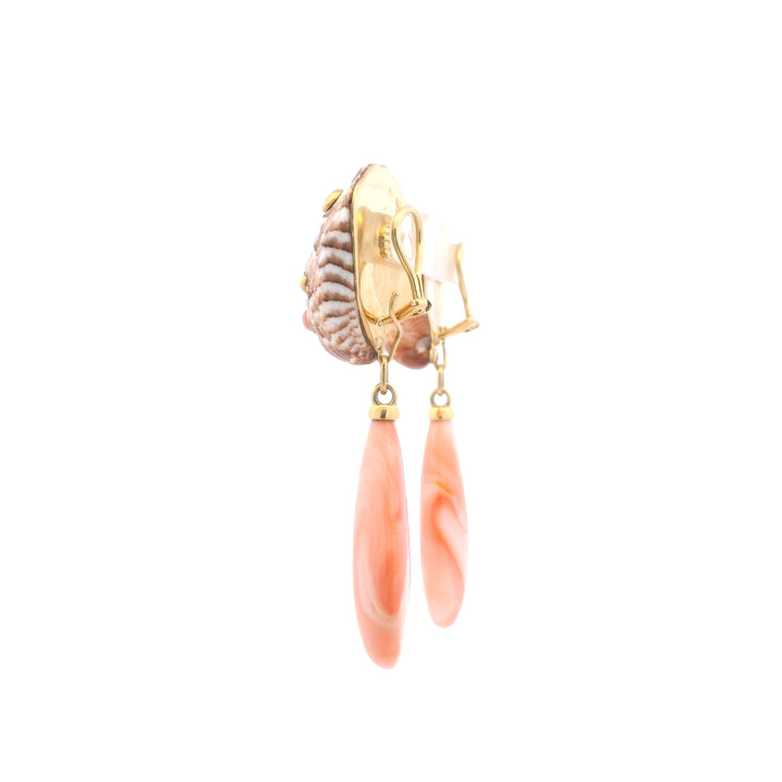 Estate 18K Yellow Gold Natural Seashell & Coral Clip-On Drop Earrings