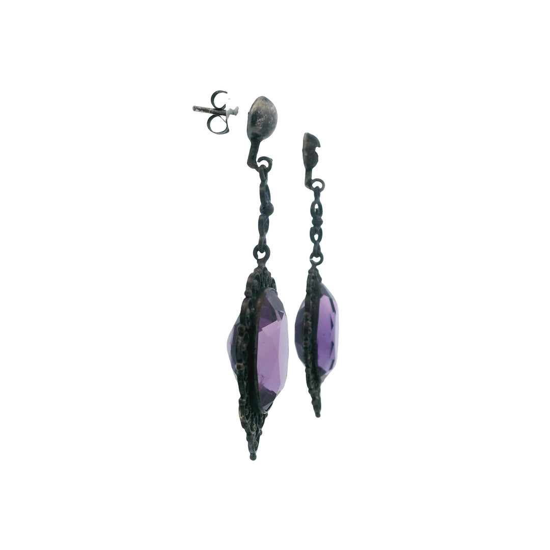 Estate Sterling Silver Amethyst Filigree Antique Drop Earrings