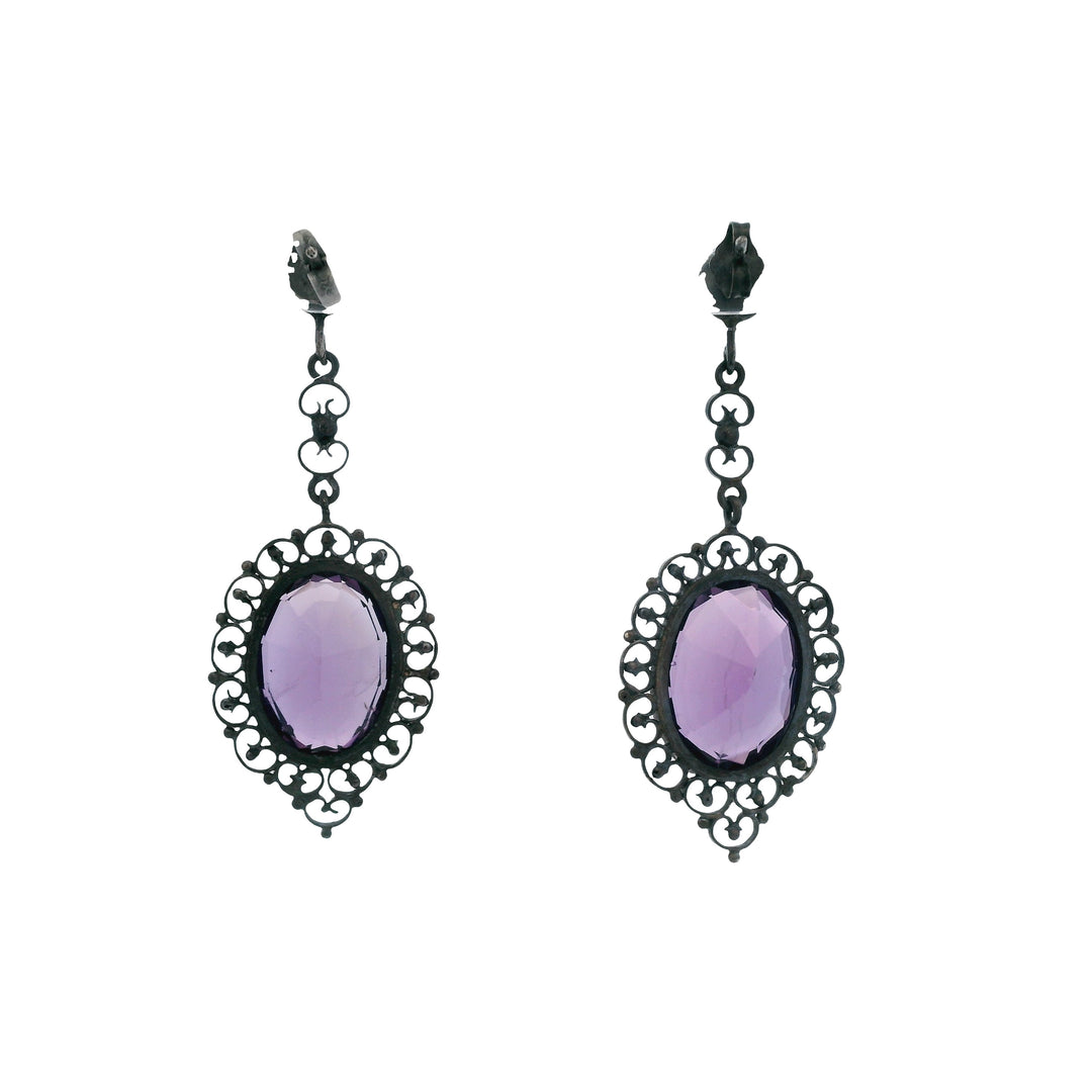 Estate Sterling Silver Amethyst Filigree Antique Drop Earrings