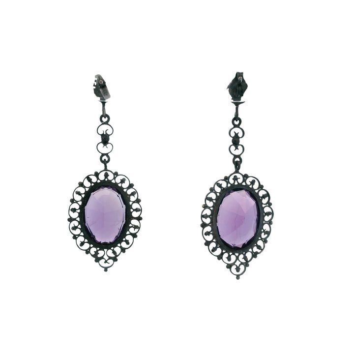 Estate Sterling Silver Amethyst Filigree Antique Drop Earrings