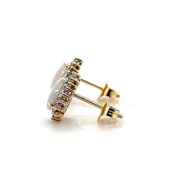 Estate 14K Yellow Gold 1.15CTW Pear-Shaped Opal & Diamond Halo Stud Earrings