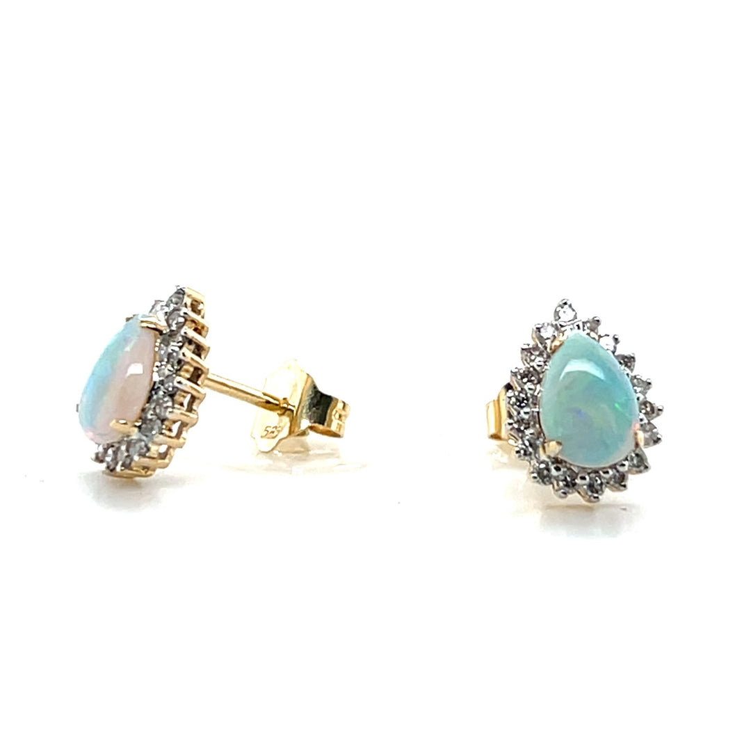 Estate 14K Yellow Gold 1.15CTW Pear-Shaped Opal & Diamond Halo Stud Earrings