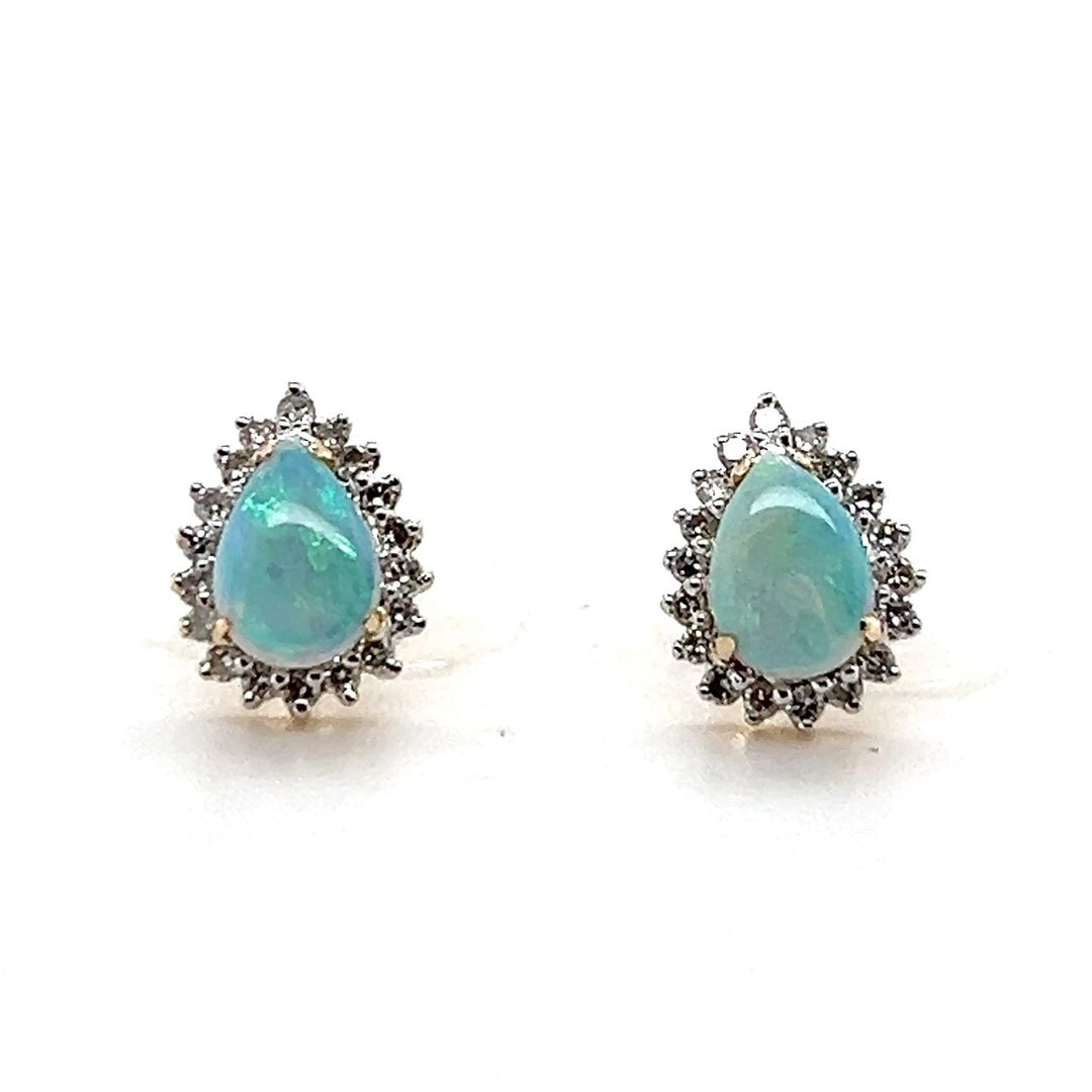 Estate 14K Yellow Gold 1.15CTW Pear-Shaped Opal & Diamond Halo Stud Earrings