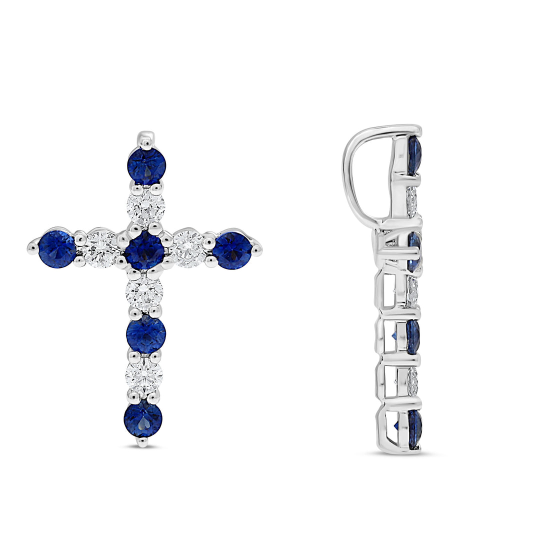 14KT White Gold Sapphire and Diamond Alternating Cross Pendant