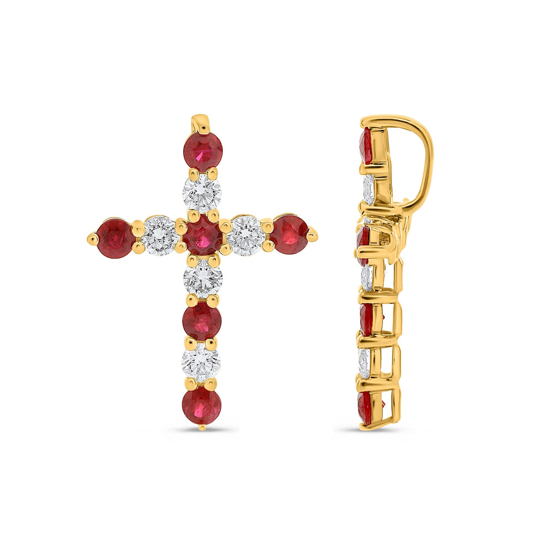 14KT Yellow Gold Ruby and Diamond Alternating Cross Pendant