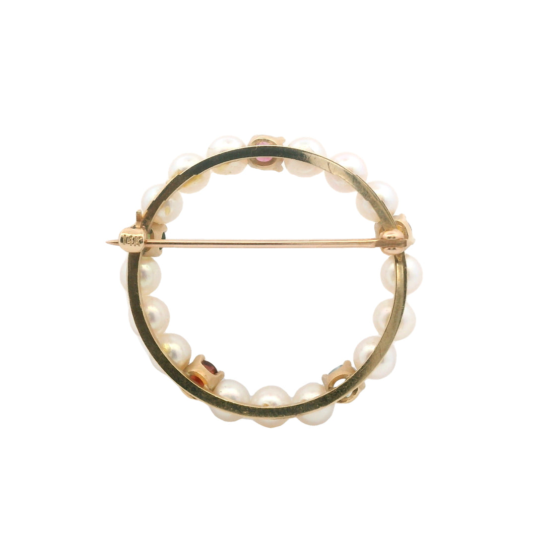 Estate 14K Yellow Gold 1.21CTW Multi-Gemstone & Pearl Vintage Brooch