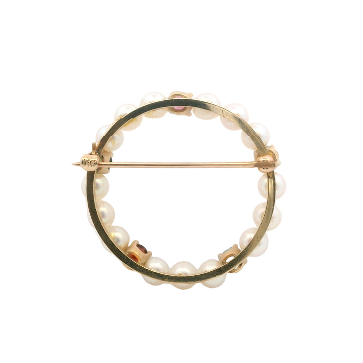 Estate 14K Yellow Gold 1.21CTW Multi-Gemstone & Pearl Vintage Brooch
