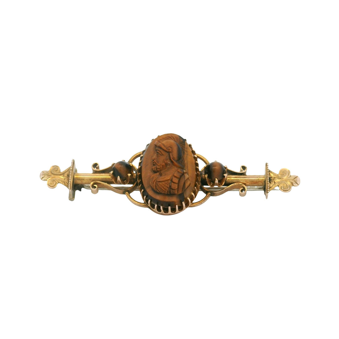 Estate 14K Yellow Gold Tiger's Eye Victorian Cameo Brooch