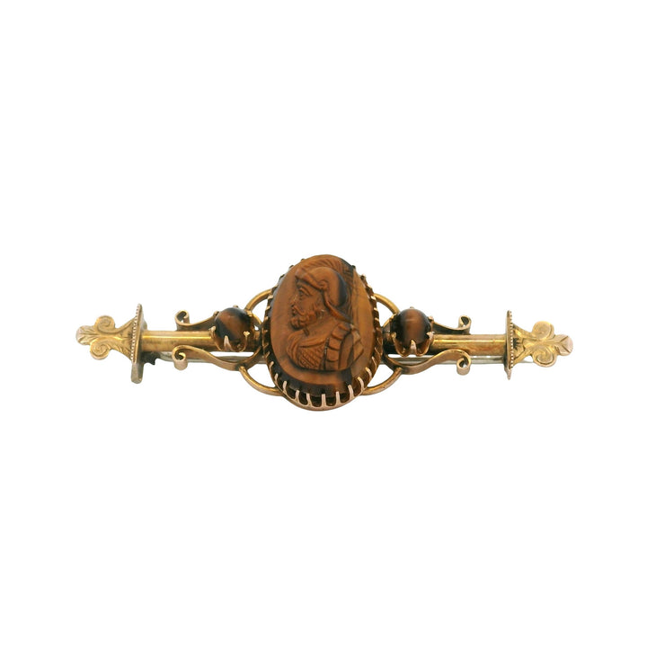 Estate 14K Yellow Gold Tiger's Eye Victorian Cameo Brooch