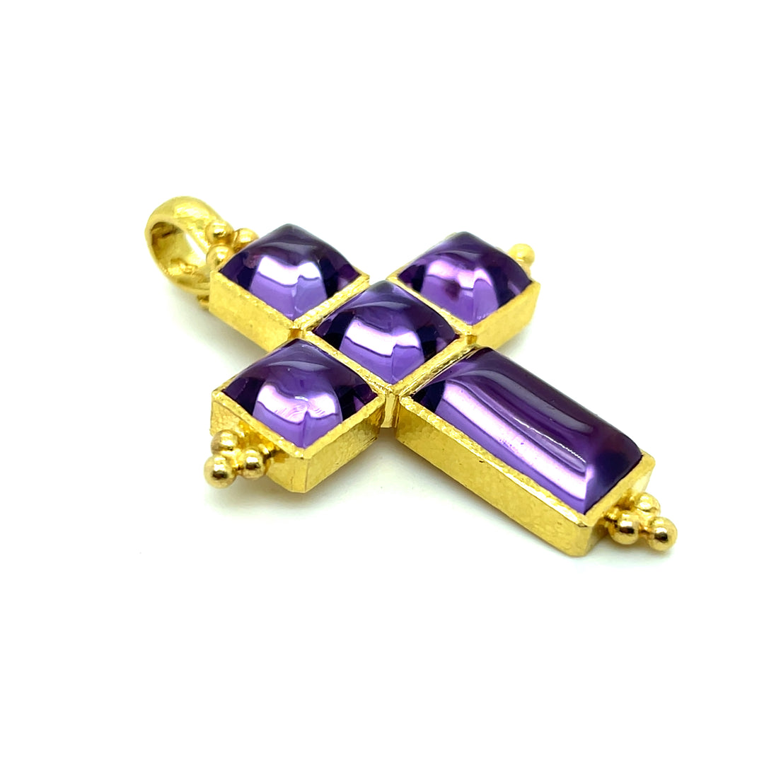 Estate 19K Yellow Gold Sugar Loaf Amethyst Cross Pendant by Elizabeth Locke