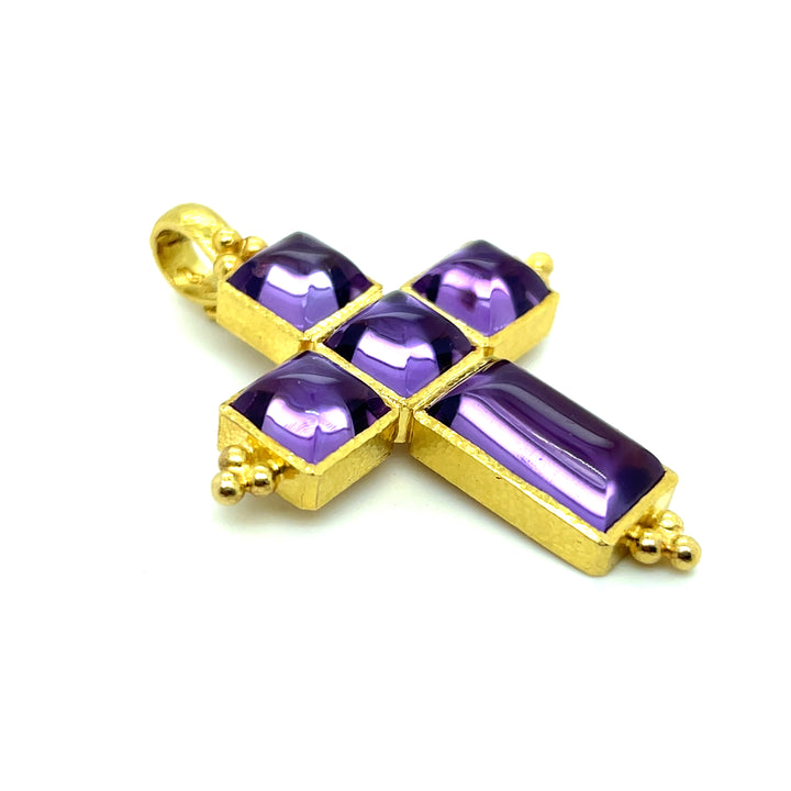 Estate 19K Yellow Gold Sugar Loaf Amethyst Cross Pendant by Elizabeth Locke