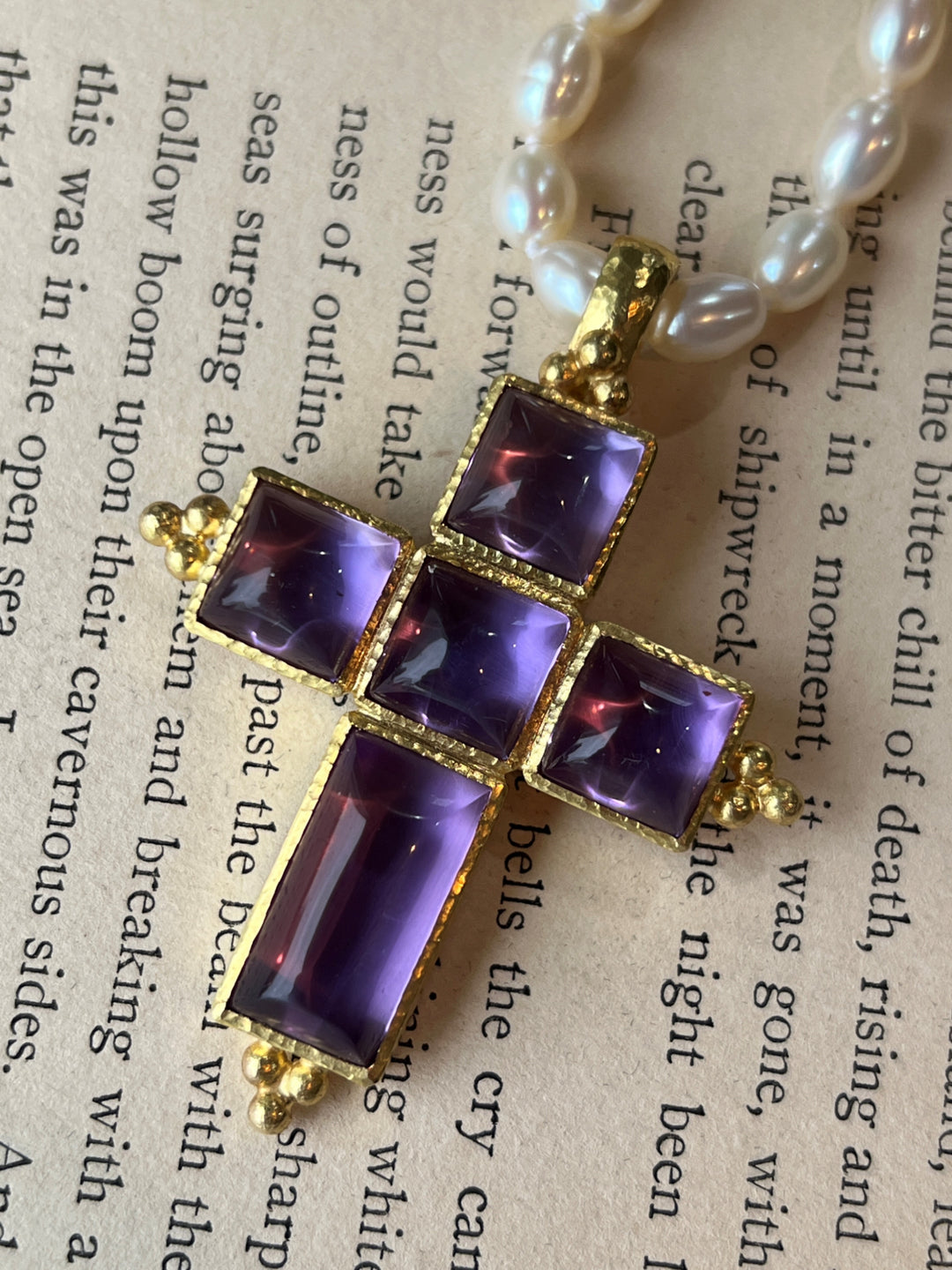 Estate 19K Yellow Gold Sugar Loaf Amethyst Cross Pendant by Elizabeth Locke
