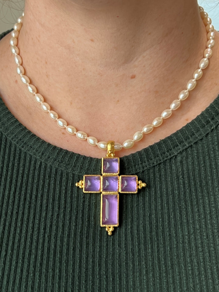 Estate 19K Yellow Gold Sugar Loaf Amethyst Cross Pendant by Elizabeth Locke