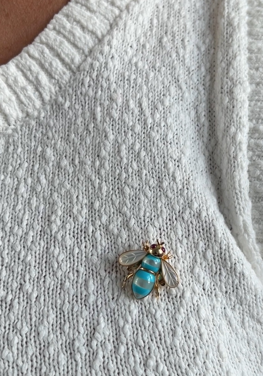 Estate 14K Yellow Gold Ruby, Mother of Pearl & Turquoise Bee Vintage Pendant/Brooch