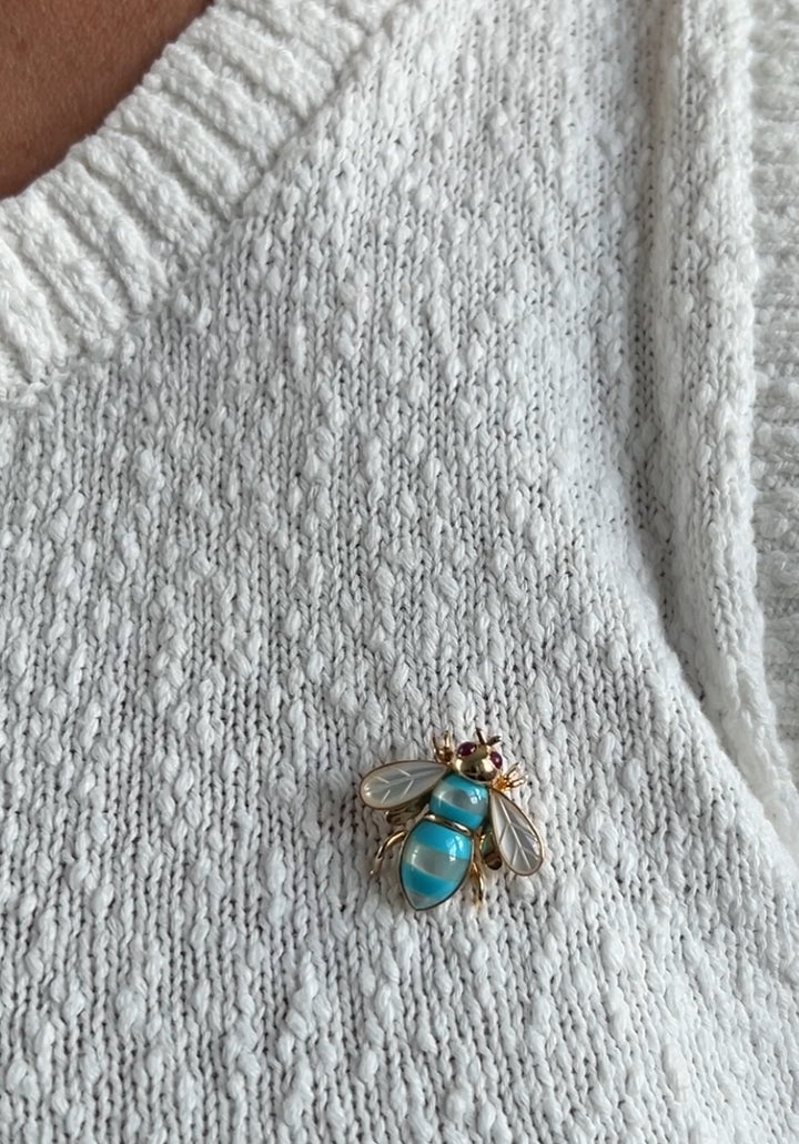Estate 14K Yellow Gold Ruby, Mother of Pearl & Turquoise Bee Vintage Pendant/Brooch