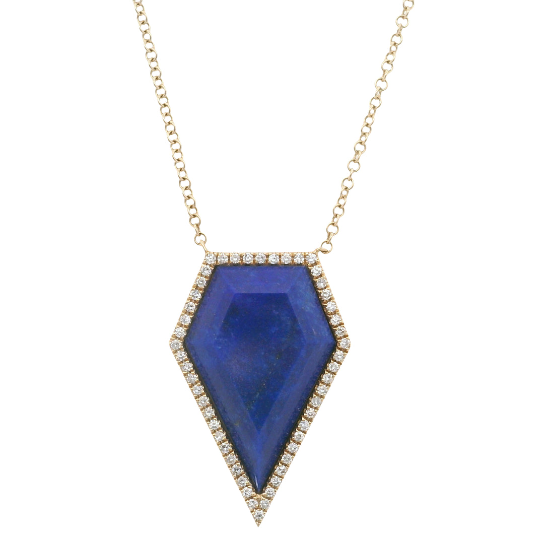 14K Yellow Gold Shield-Cut Lapis Lazuli & Diamond Halo Necklace