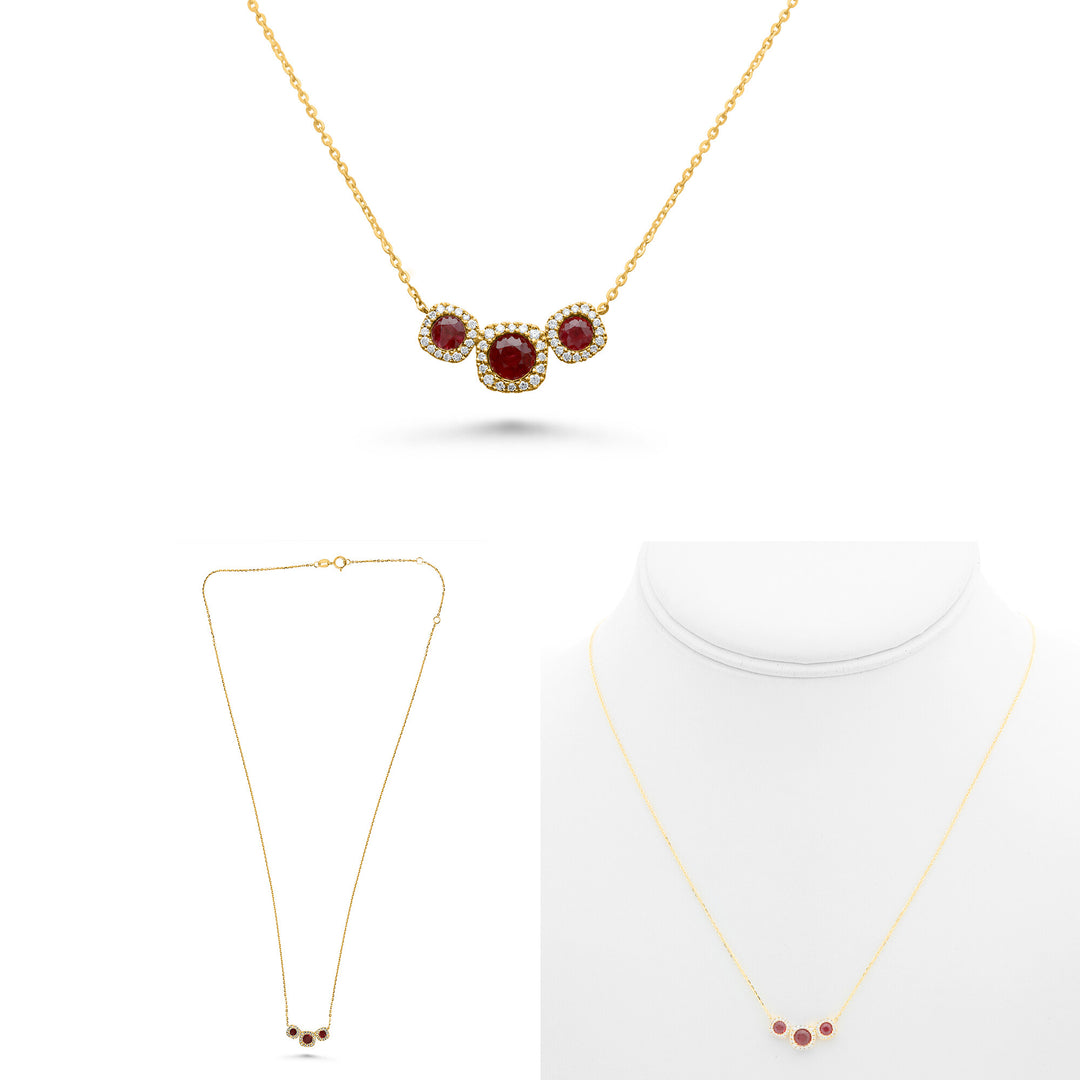 14K Yellow Gold 0.73CTW Ruby & Diamond Three-Stone Halo Necklace