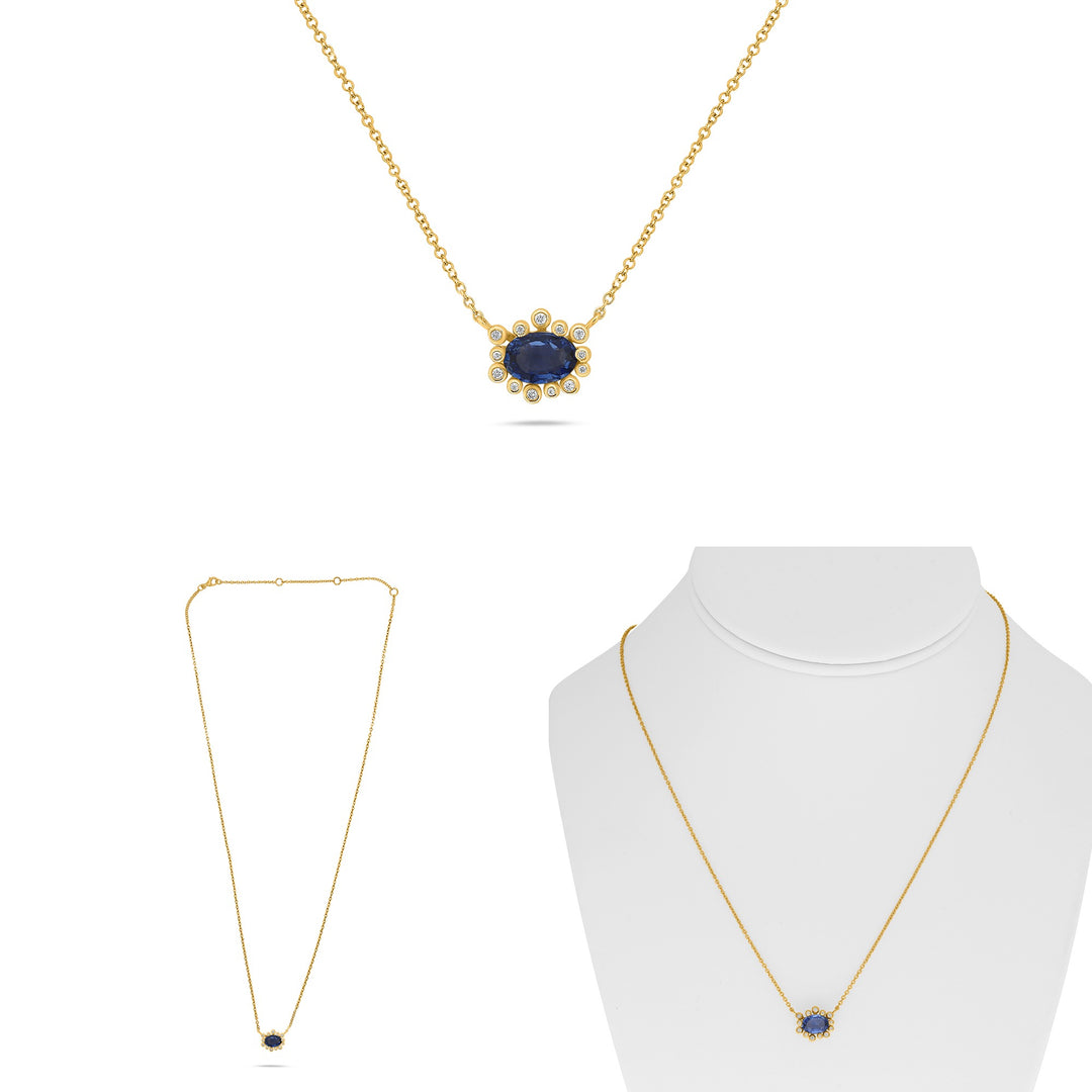 14K Yellow Gold 1.19CTW Oval Blue Sapphire & Diamond Halo Necklace