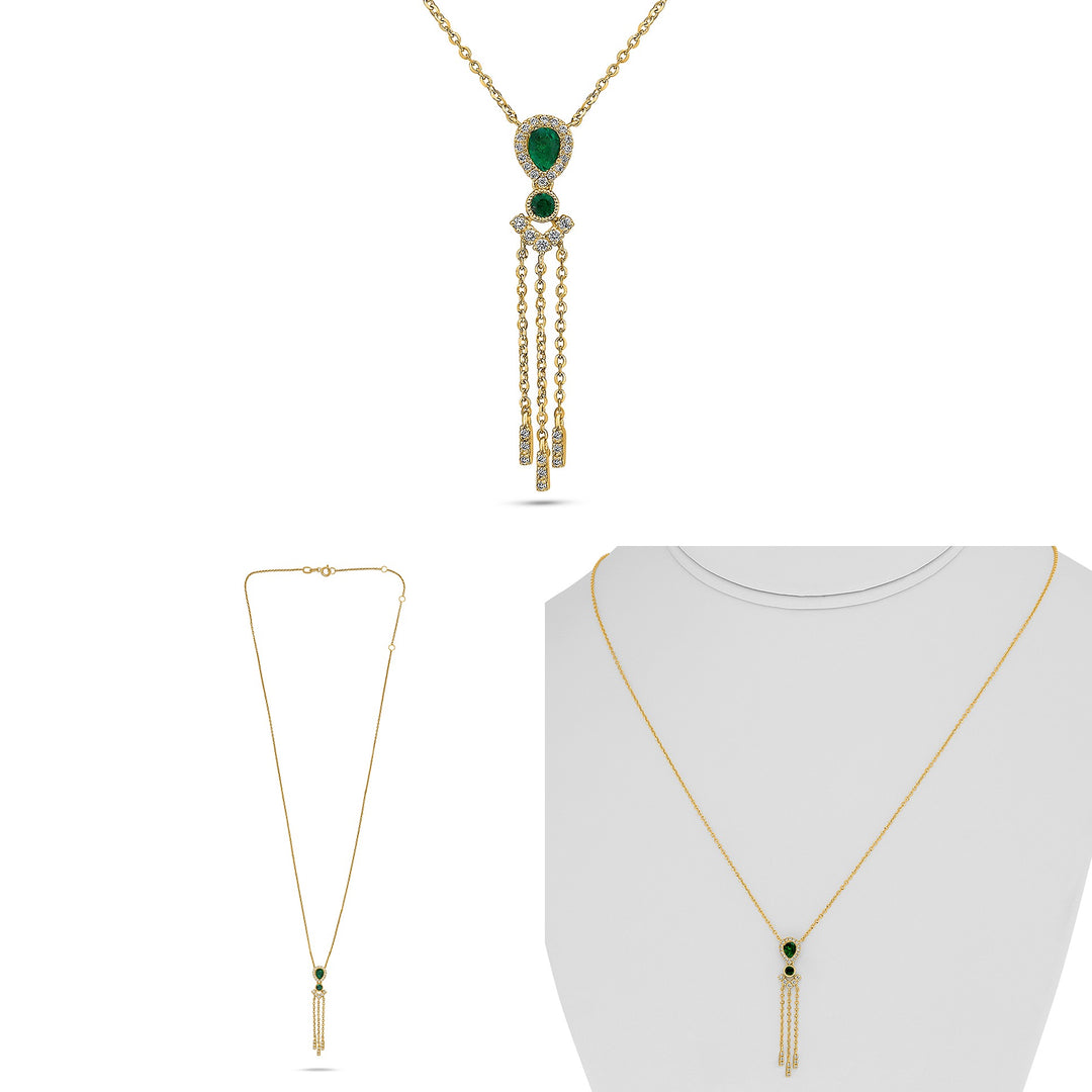 14K Yellow Gold 0.28CTW Pear Emerald & Diamond Fringe Drop Necklace