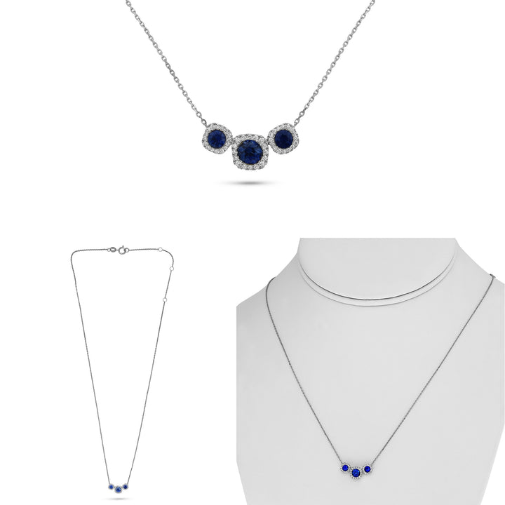 14K White Gold 0.69CTW Blue Sapphire & Diamond Three-Stone Halo Necklace