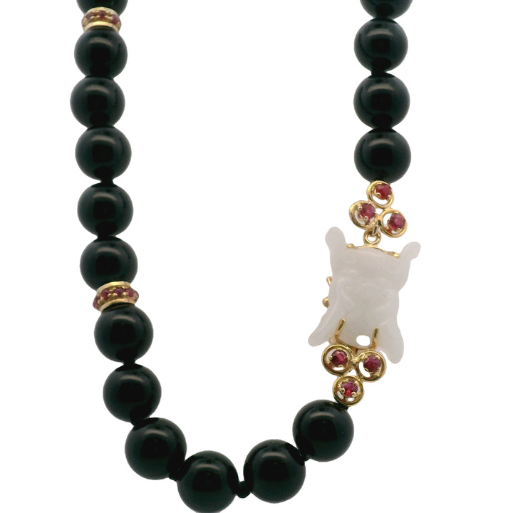 Estate 18K Yellow Gold Black Onyx, Ruby, and Carved White Jade Beaded Necklace