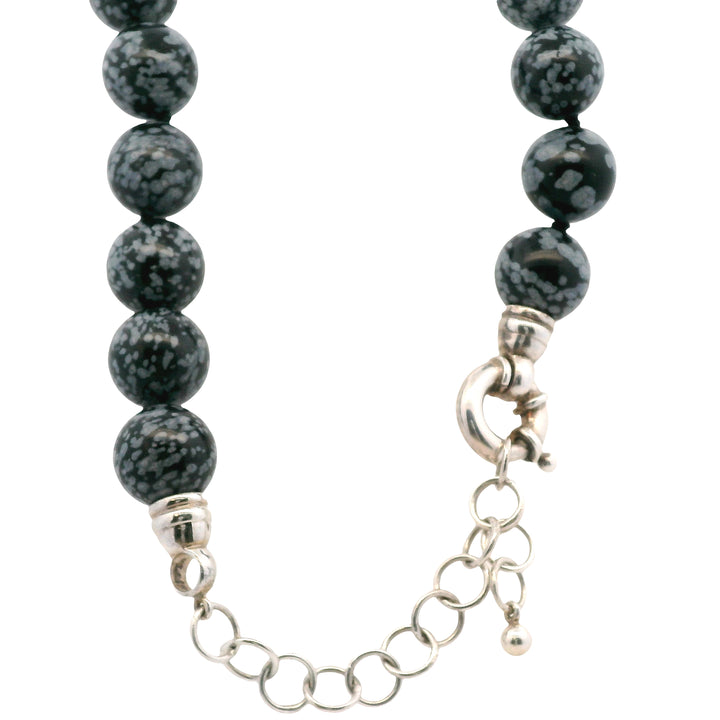 Estate Sterling Silver Snowflake Obsidian Beaded Necklace