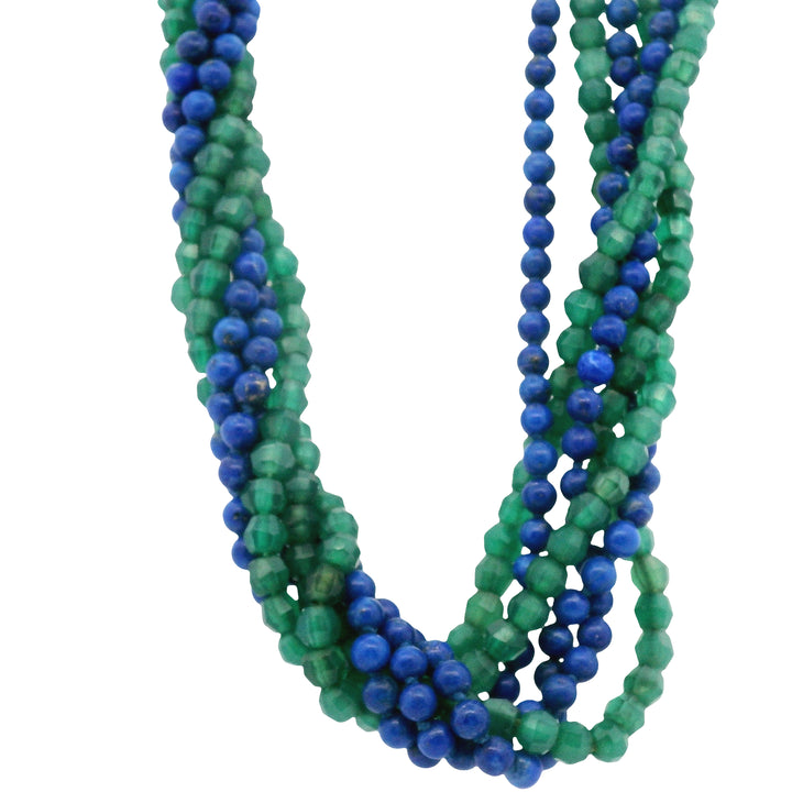 Estate Sterling Silver Lapis Lazuli & Green Quartz Multi-Strand Necklace