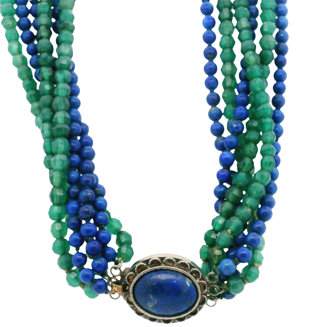Estate Sterling Silver Lapis Lazuli & Green Quartz Multi-Strand Necklace