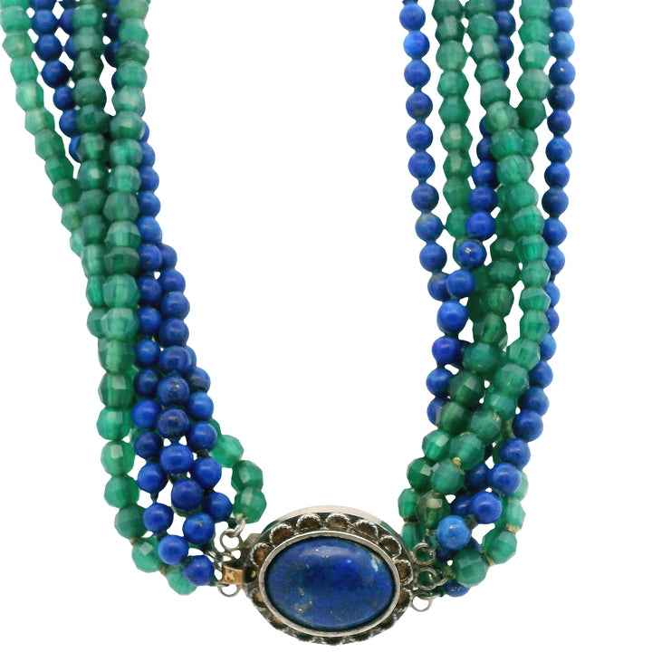 Estate Sterling Silver Lapis Lazuli & Green Quartz Multi-Strand Necklace