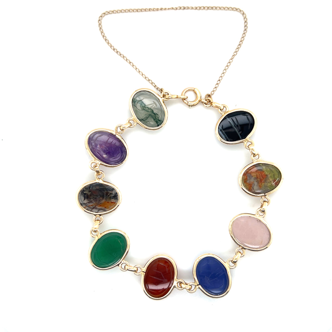 Estate 14K Yellow Gold Oval Multi-Gemstone Carved Scarab Vintage Bracelet
