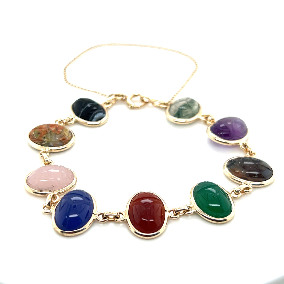 Estate 14K Yellow Gold Oval Multi-Gemstone Carved Scarab Vintage Bracelet