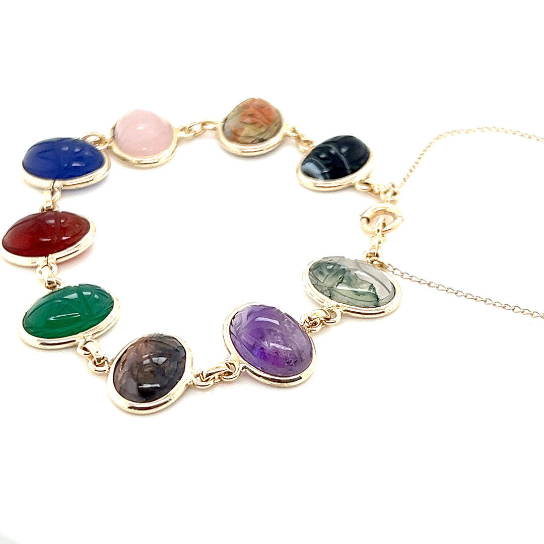 Estate 14K Yellow Gold Oval Multi-Gemstone Carved Scarab Vintage Bracelet