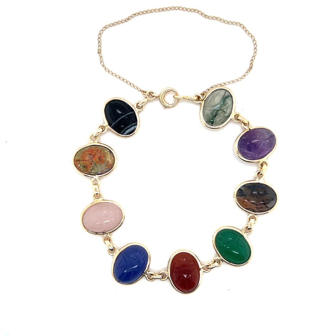 Estate 14K Yellow Gold Oval Multi-Gemstone Carved Scarab Vintage Bracelet